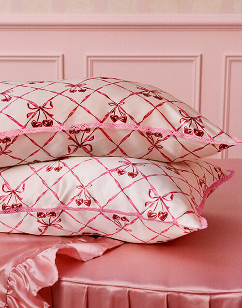 Slip pure silk queen pillowcase with lace trim sweet cherry