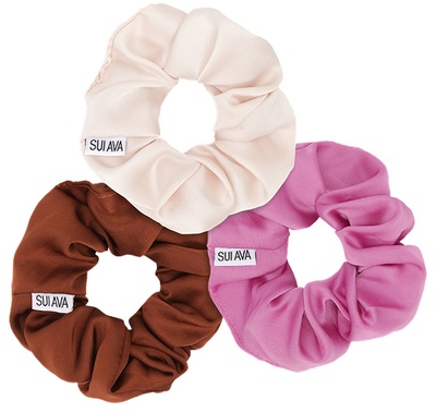 SUI AVA 3-Pack Ribbon Scrunchies - Brown, Cream, Fuchsia